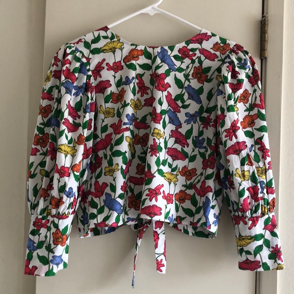 Zara Floral Print Poplin Tie Back Blouse